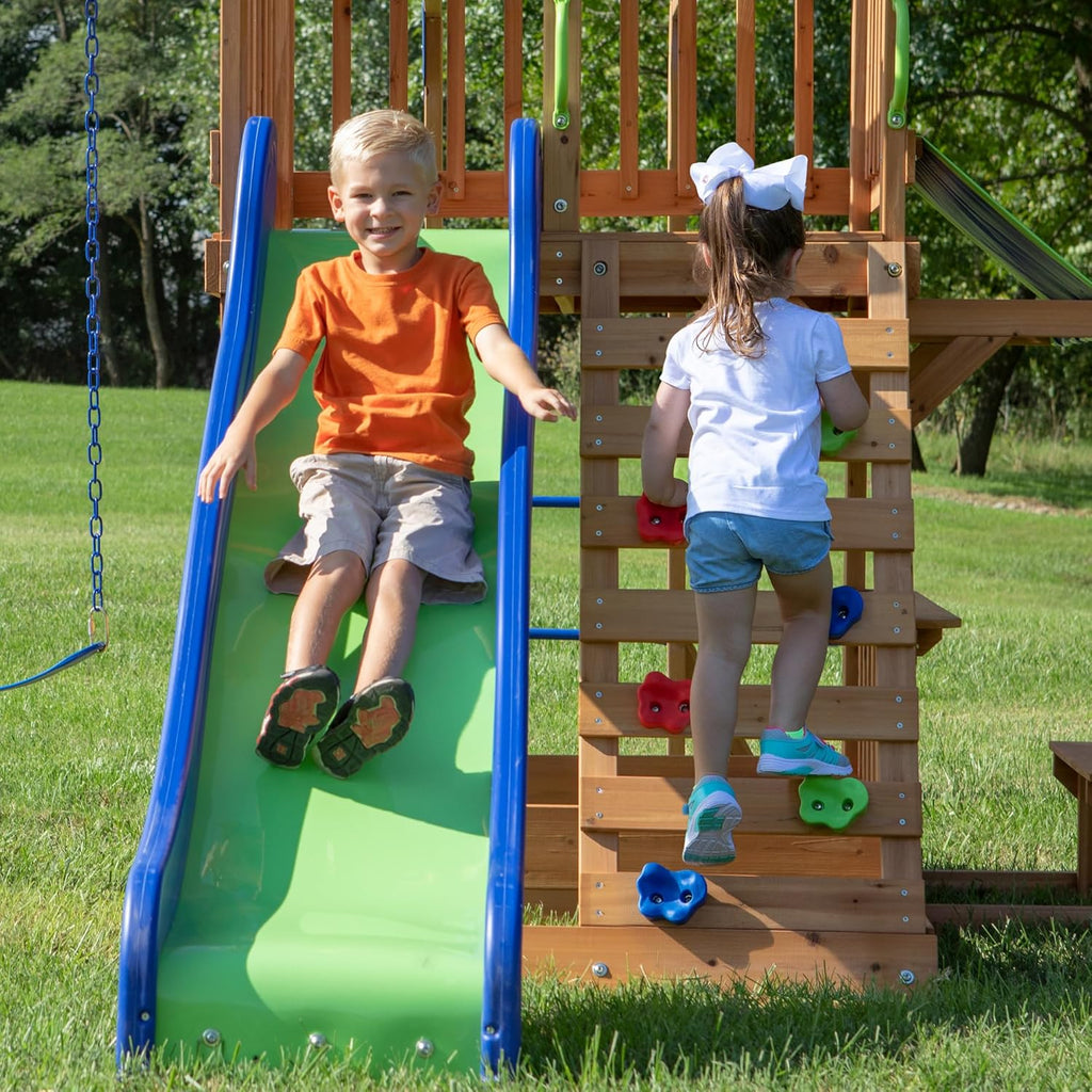 Beach Front Cedar Wood Swing Set with Wave Slide, Play Deck, Monkey Bars, Rock Wall Ladder, Shaded Picnic Area, Snack