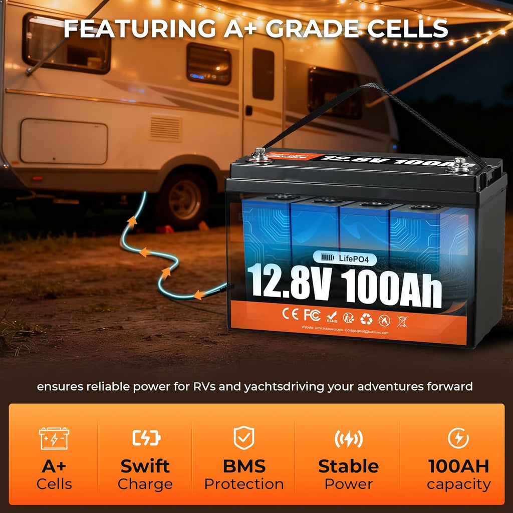 12.8V 100Ah LiFePO4 Battery With Low Temp Protection,1280Wh 15000+ Deep Cycles, Lightweight Lithium Battery for