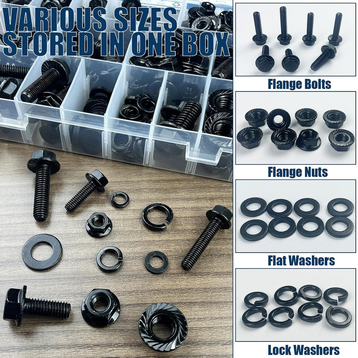 208PCS M6x1.0 Metric Flange Bolt Assortment Kit, 10.9 Black Zinc