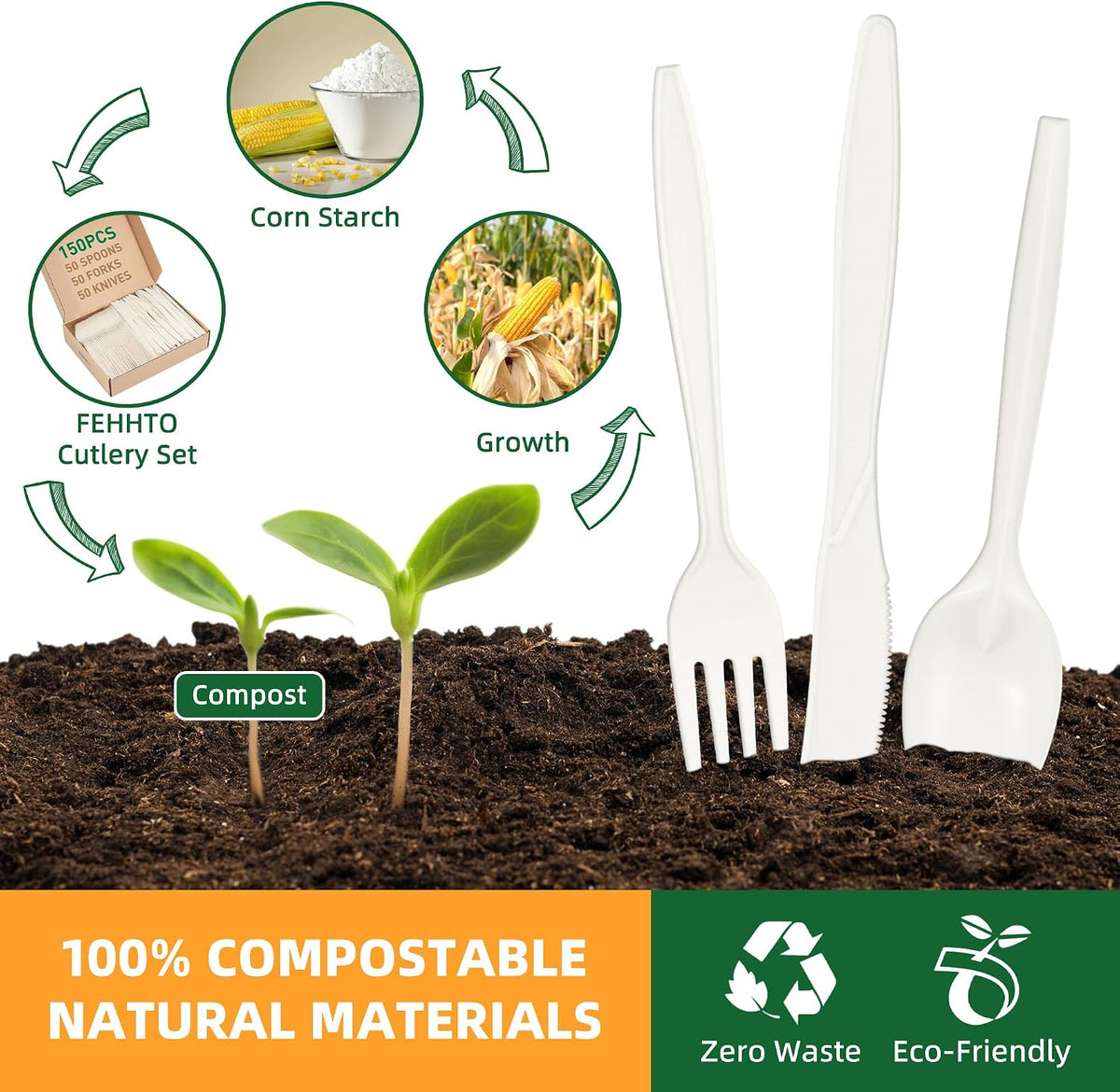 100% Compostable Cutlery Set, 150pcs (50 Forks,50 Spoons,50 Knives)