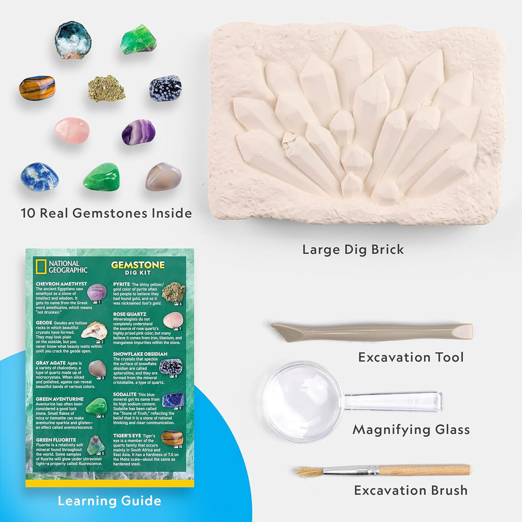 National Geographic Gemstone Dig Kit with 10 Real Gemstones for Kids | Amethyst, Quartz & Tiger's Eye, Gem Mining