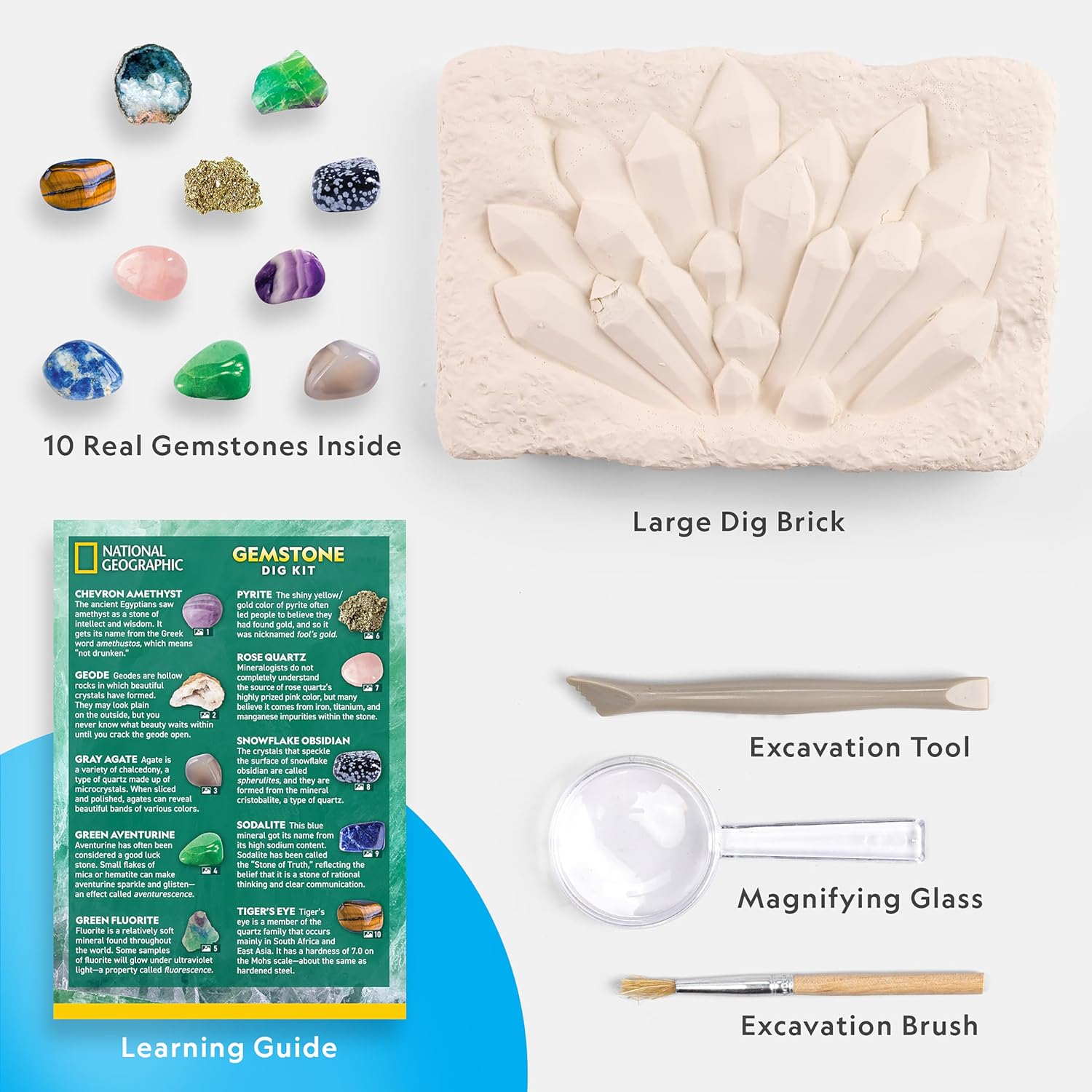 National Geographic Gemstone Dig Kit with 10 Real Gemstones for Kids | Amethyst, Quartz & Tiger's Eye, Gem Mining