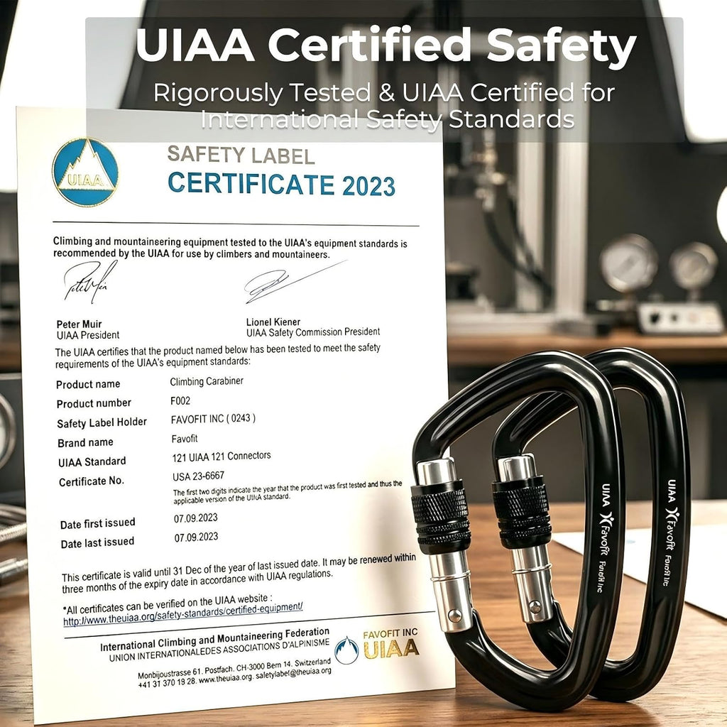 Locking Climbing Carabiner Heavy Duty: Favofit UIAA Certified 42kn (9441 lbs) Safety Caribeaner Clips - Large