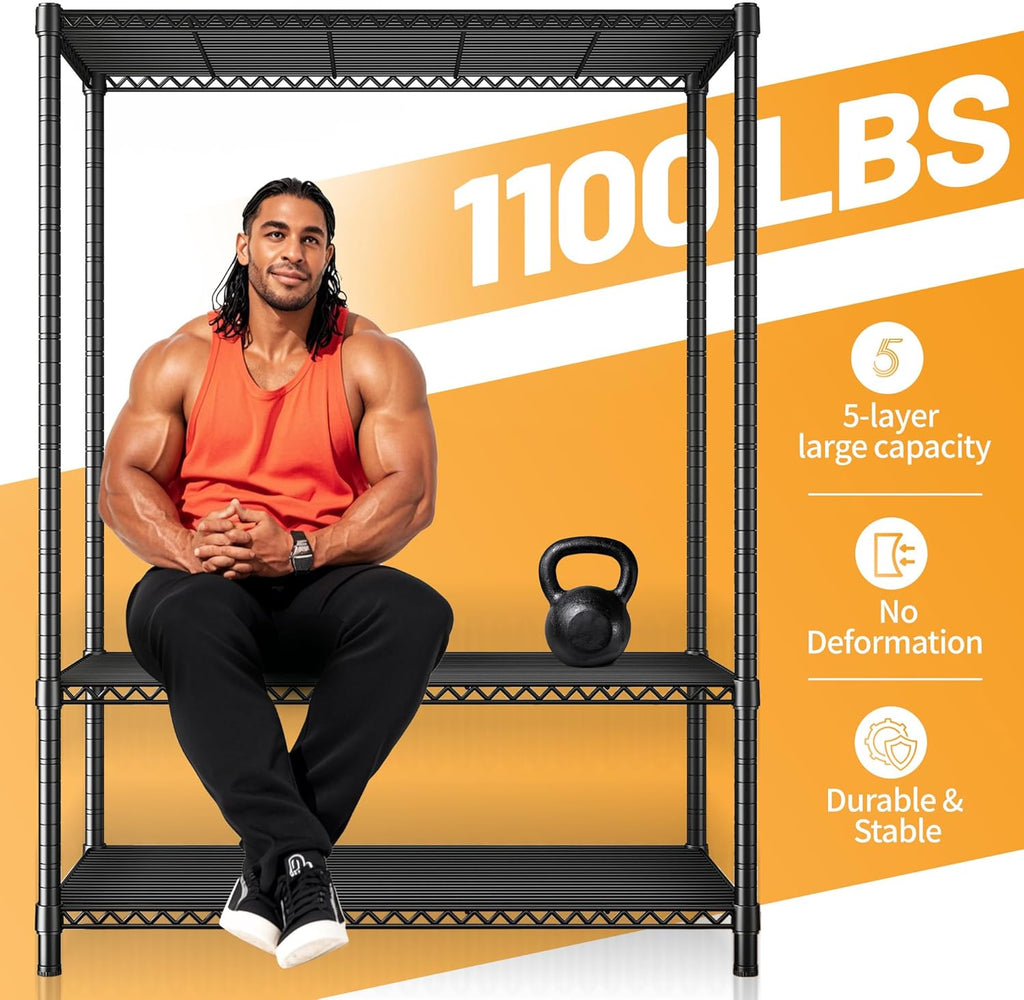 72''H Metal shelving 5 Tire Storage Shelves for Garage Shelving Adjustable Wire Shelving Rack Heavy Duty Shelving