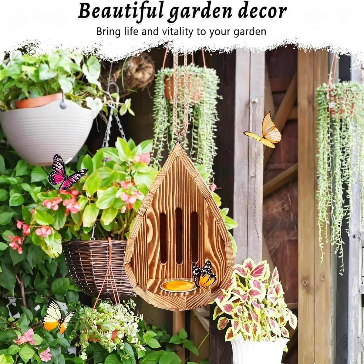 Water Droplets Shaped Wooden Butterfly House, Wooden Hanging Butterfly Habitat & Feeder with Rope & Puddler, Hanging