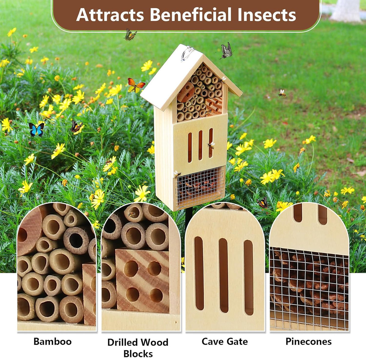 Wooden Insect House, Bee House with Metal Stake for Garden