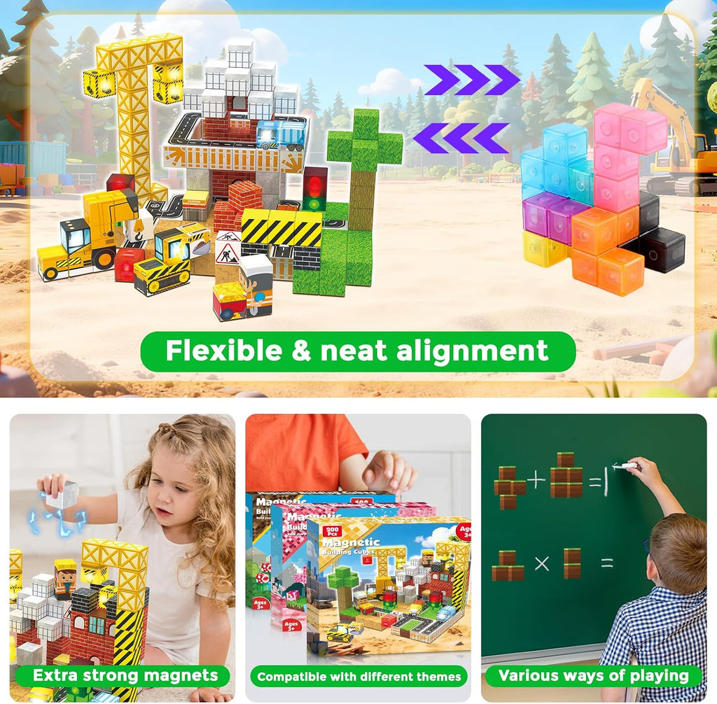200PCS Light Up Magnetic Blocks - Magnet Building Blocks, Stacking Magent Cubes Construction Theme, STEM Montessori