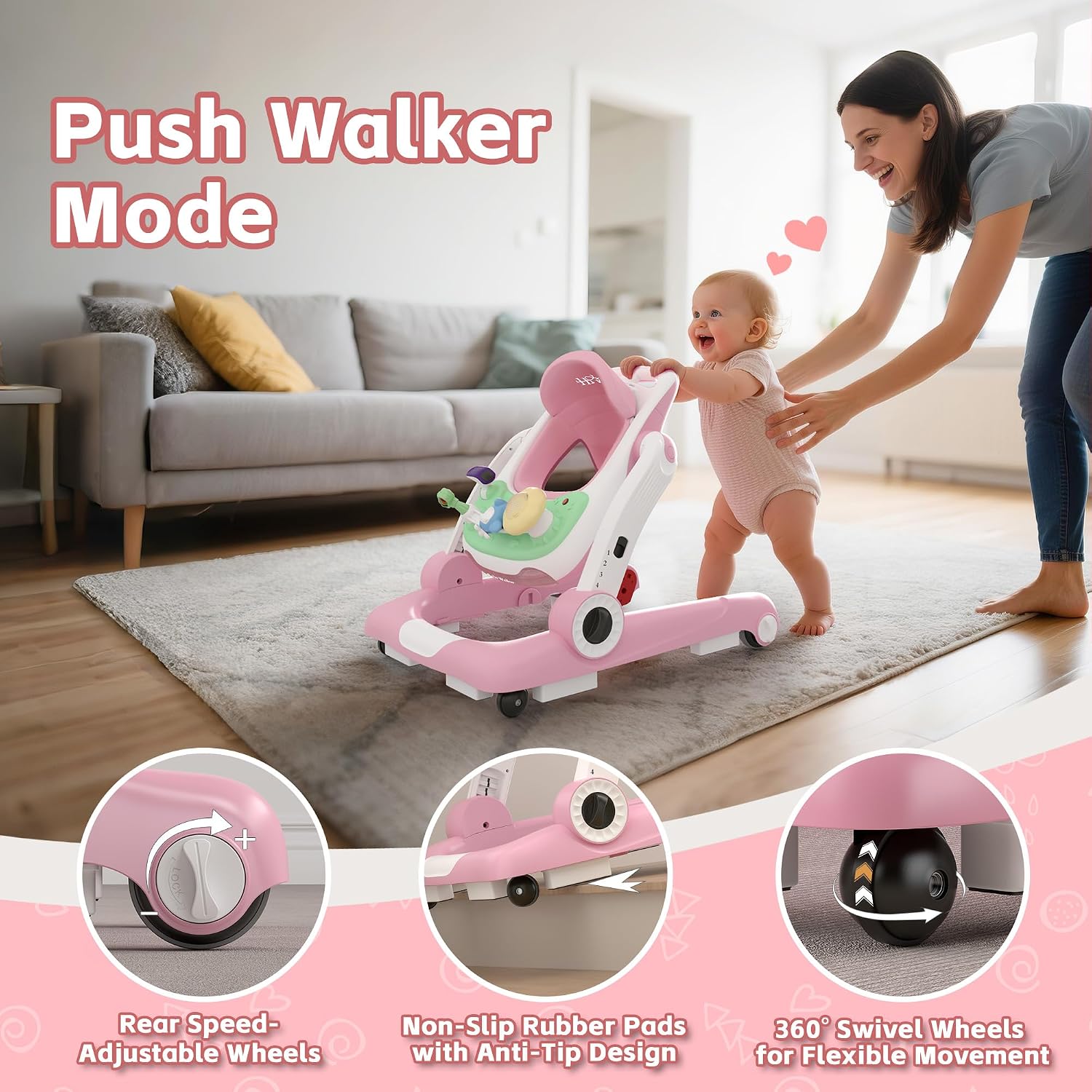 Baby Walker with Wheels, 5 in 1 Walker for Baby Boy Girl 6-12 Months with Bouncer, Music and Lights Baby Jumper
