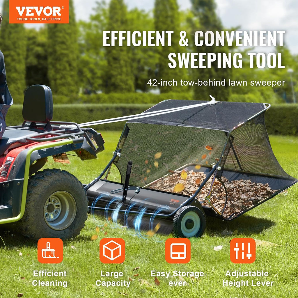 42" Tow-Behind Lawn Sweeper, 12 Cu. Ft. Hopper Leaf & Grass Collector