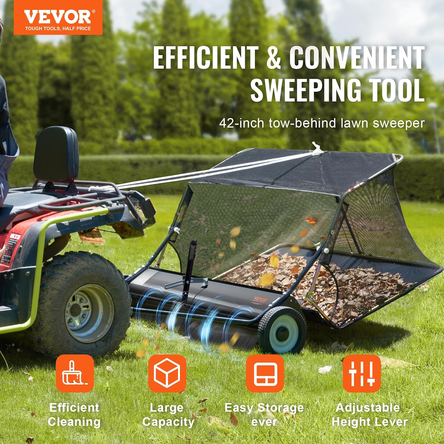 42" Tow-Behind Lawn Sweeper, 12 Cu. Ft. Hopper Leaf & Grass Collector