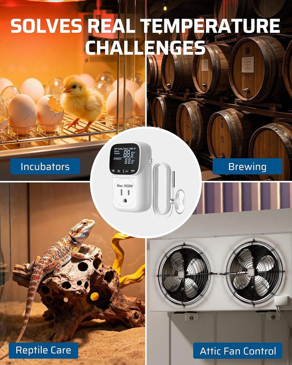 Smart WiFi Temperature Controller Outlet, 15A/1800W, 24H Timer | Bluetooth APP Remote Control, Schedule Timer