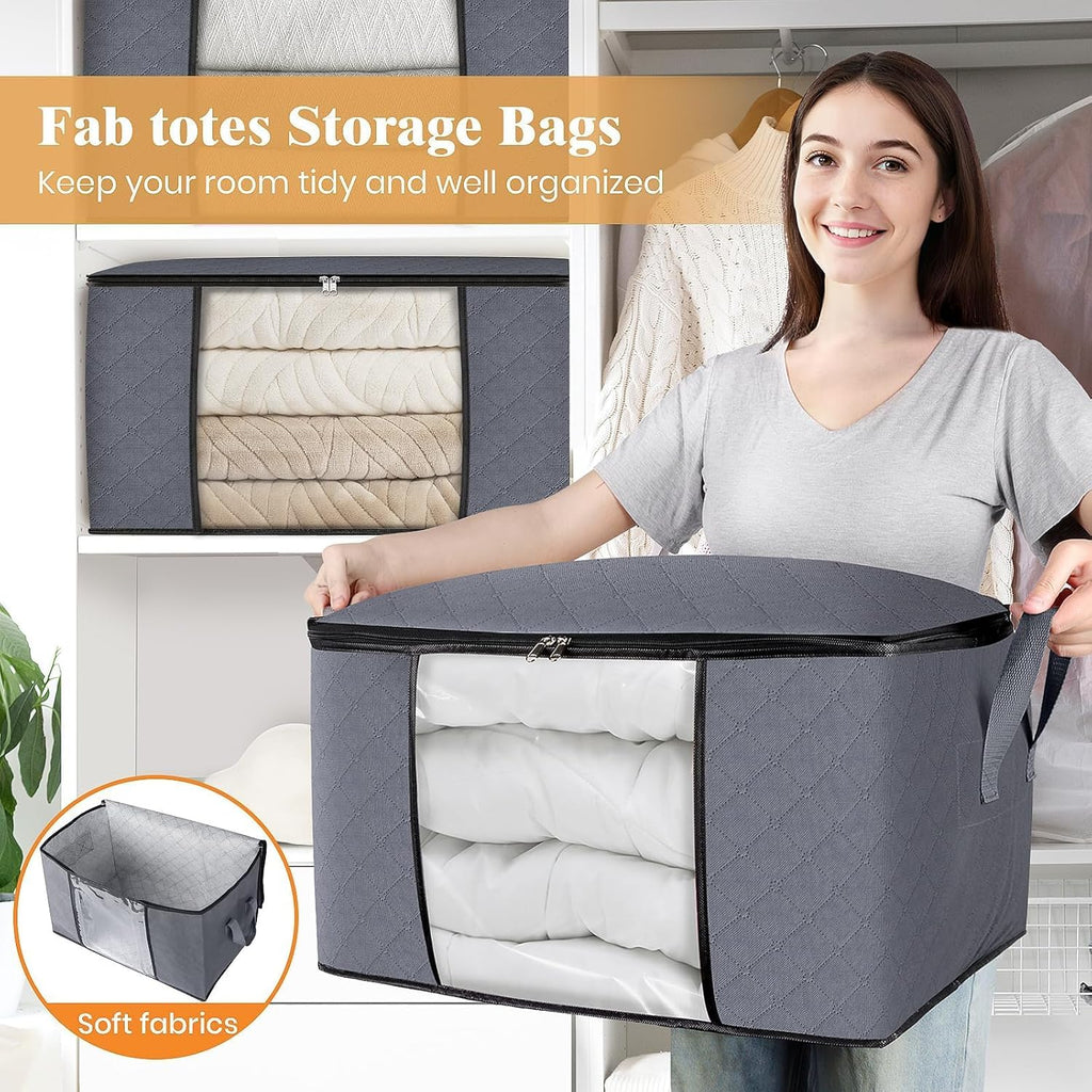 6 Pack Storage Bags for Clothes and Blanket, Foldable Closet Organizers and Storage with Zippers, Clear Window and
