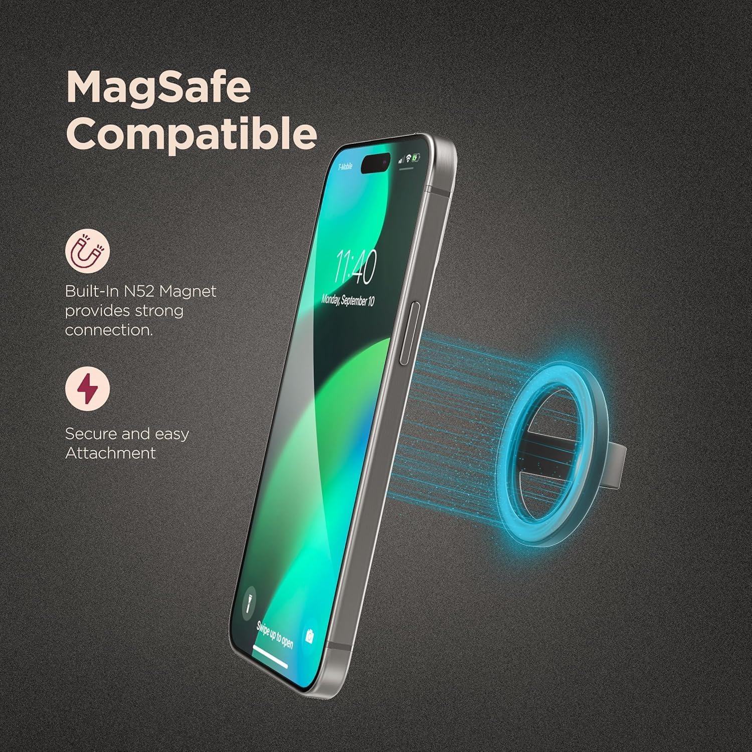 Magnetic Phone Grip Holder Thin Silicone Finger Loop Ring, Compatible with Magsafe (Black)