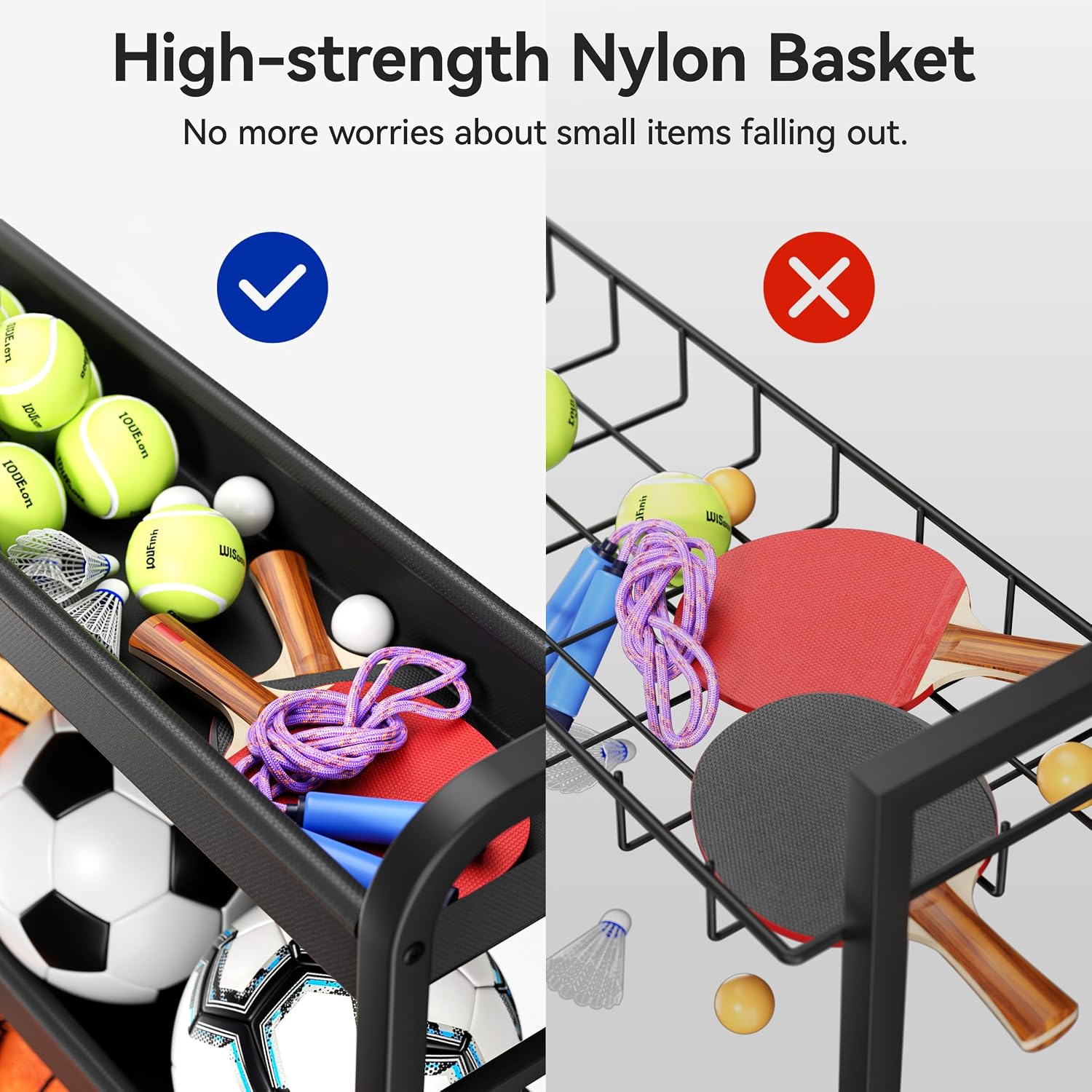 Sports Equipment Organizer, Large Capacity Garage Ball Storage Rack | Heavy-Duty Rolling Ball Cart with Locking