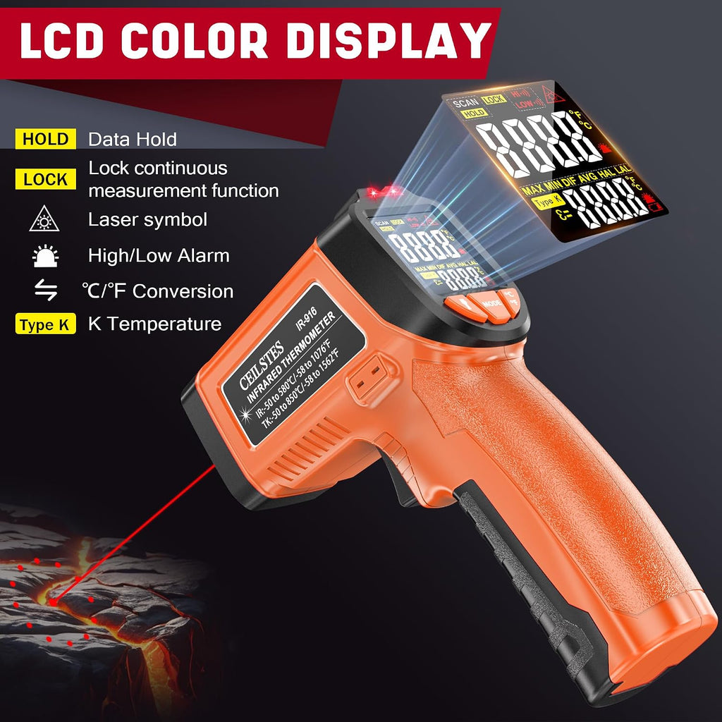 Infrared Thermometer Gun, Non-Contact Digital Laser Temperature Gun, -58°F to 1076°F, Adjustable Emissivity and
