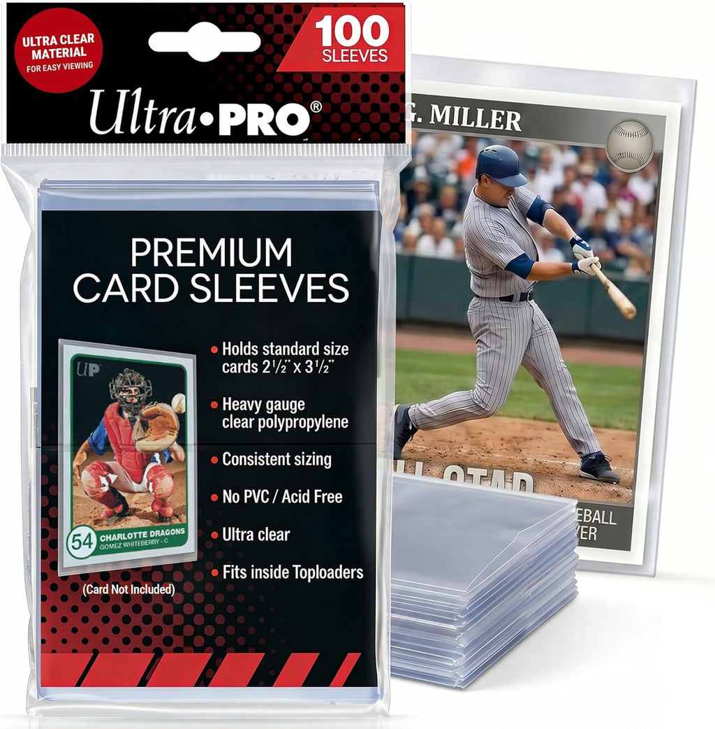 Premium Clear Card Sleeves, 2.5" x 3.5", 100 Pack | Soft acid-free, non-PVC polypropylene sleeves protect standard