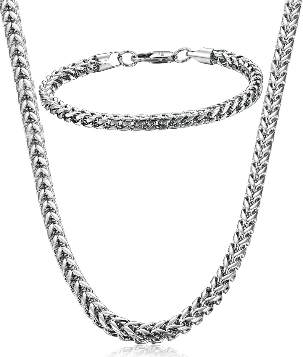 Stainless Steel Wheat Chain Necklace for Men Necklace Bracelet Jewelry Set 5mm in Width, 22" 8.5"
