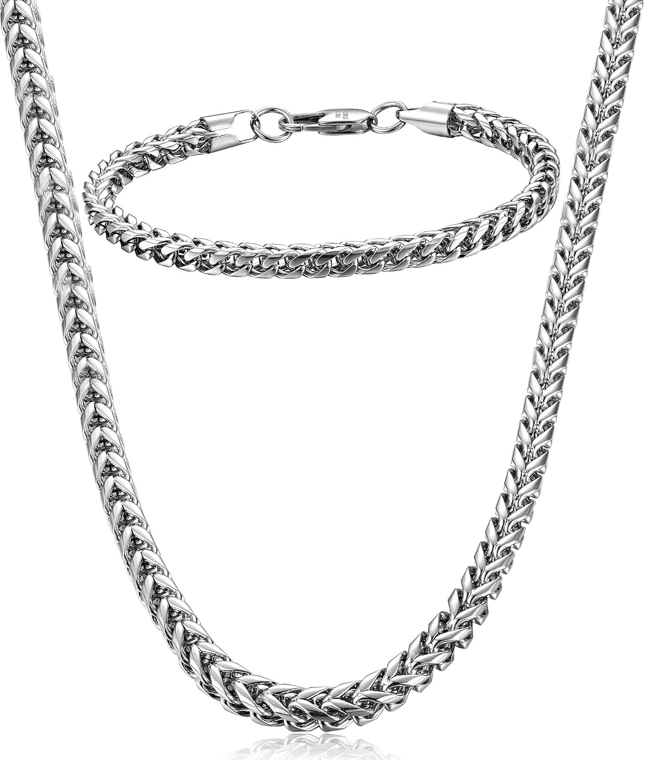 Stainless Steel Wheat Chain Necklace for Men Necklace Bracelet Jewelry Set 5mm in Width, 22" 8.5"