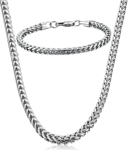 Stainless Steel Wheat Chain Necklace for Men Necklace Bracelet Jewelry Set 5mm in Width, 22" 8.5"