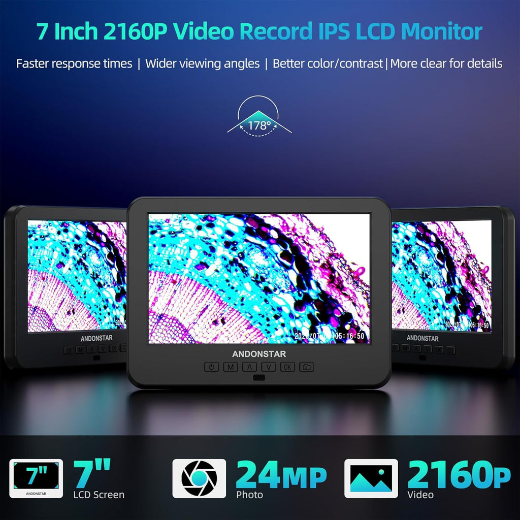 AD266S 20X-5000X HDMI Digital Microscope, 5 Lens 2160P UHD Video | 7'' LCD IPS Screen, Metal Biological Stand, X-Y