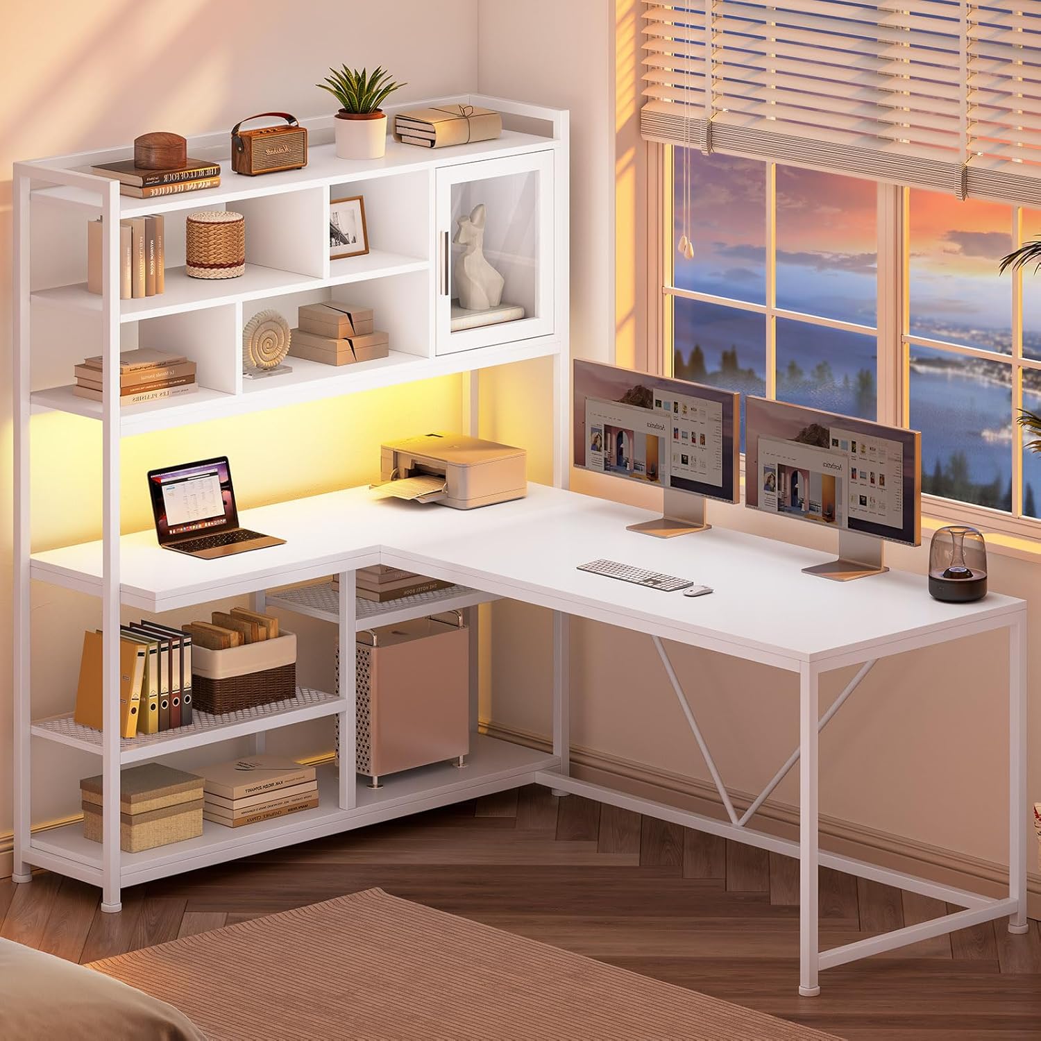 L Shaped Computer Desk, 58'' Office Desk with LED Light and Bookshelf, L Shaped Corner Desk with Storage Shelves for