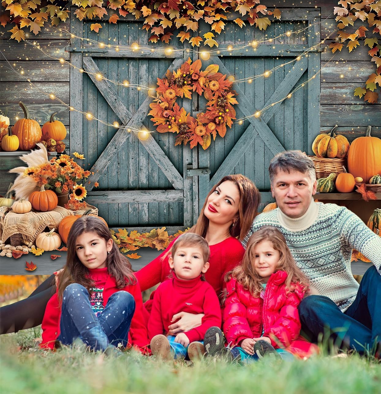 Fall Thanksgiving Backdrop Rustic Barn Door Autumn Pumpkin Harvest Photography Background Maple Leaves Garland