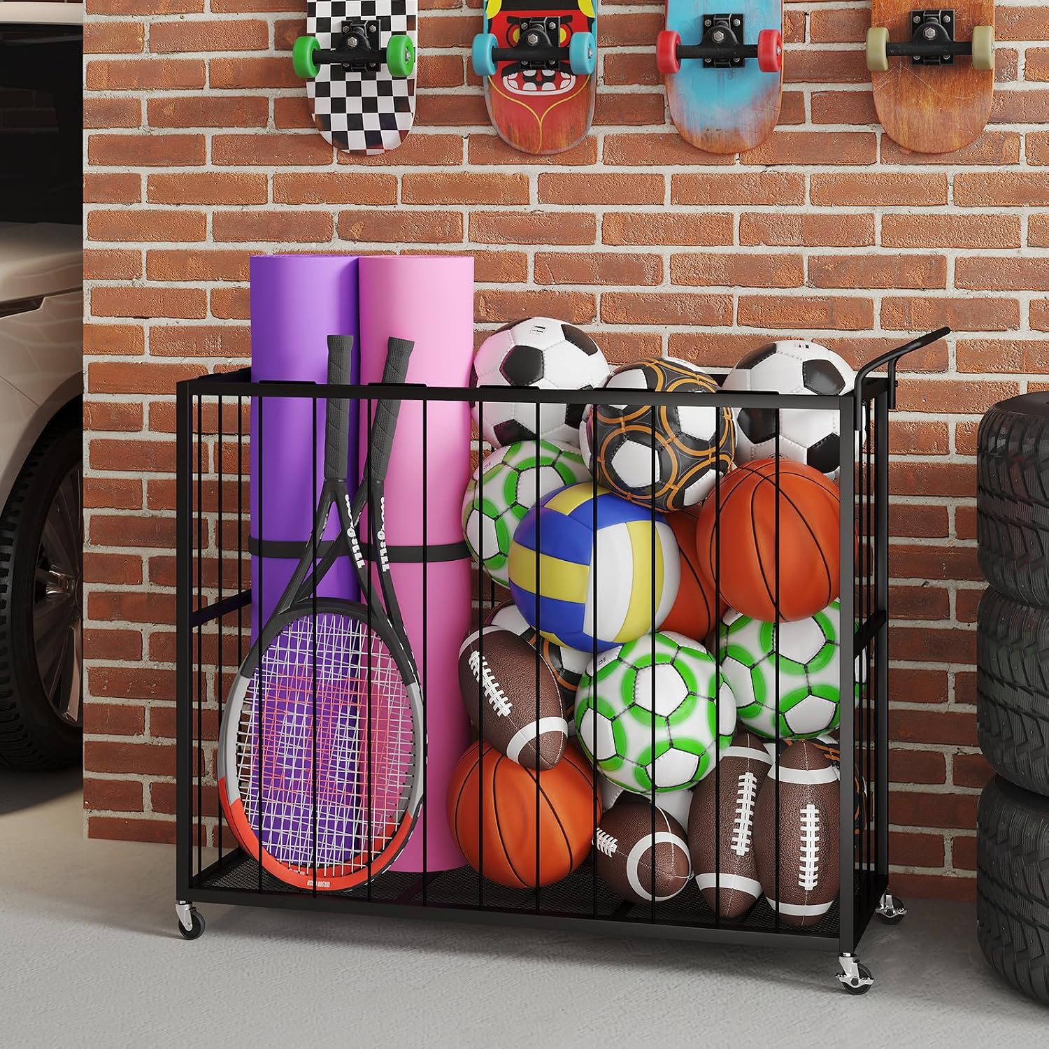 Ball Storage Bin Rolling Sports Ball Cart, Metal Garage Organizer Sport Rack, Ball Basket Storage, Ball Cage for