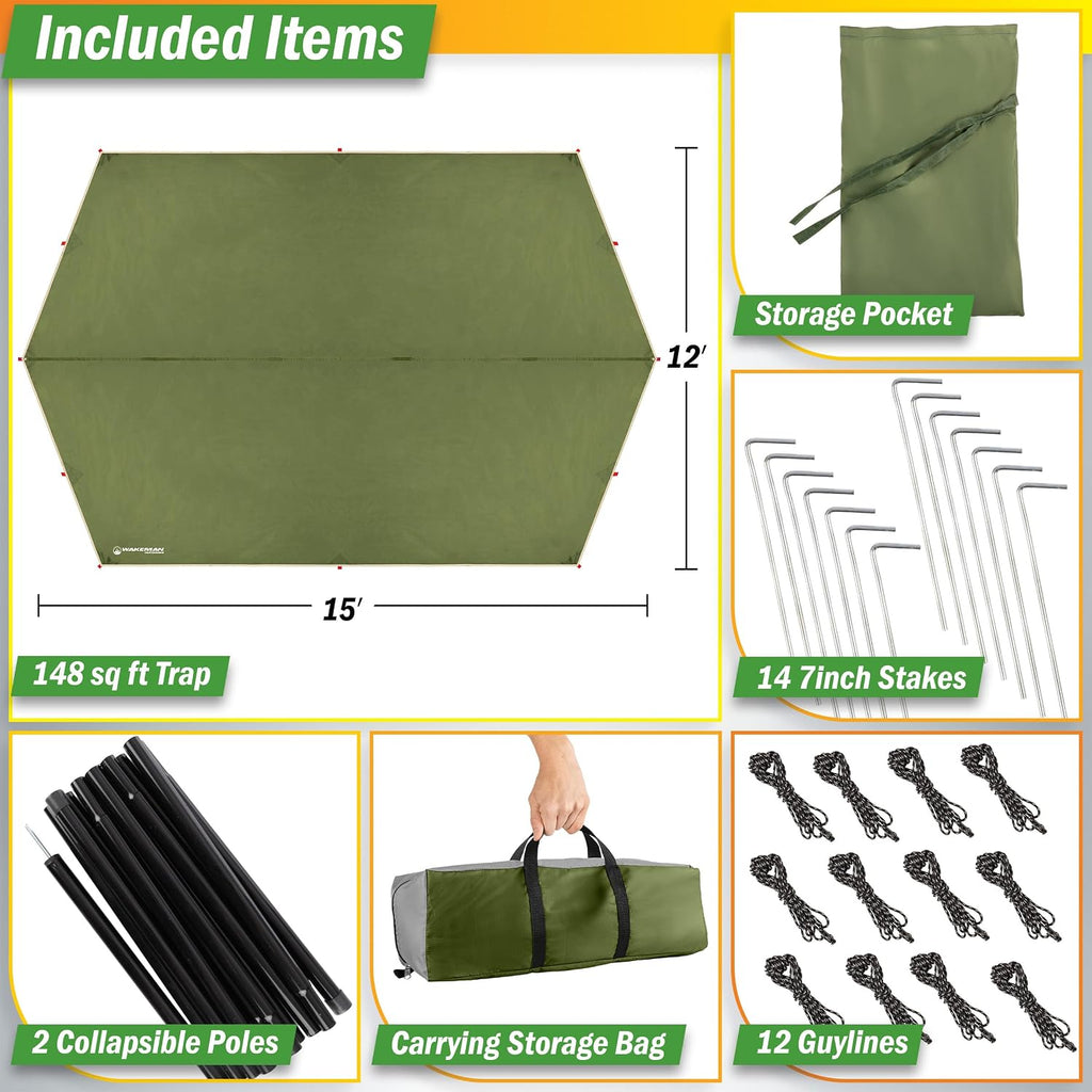 Camping Tarp with Poles - 15x12 Tarp for Camping or Hammock Rain Fly for Hiking, Backpacking or Portable Survival