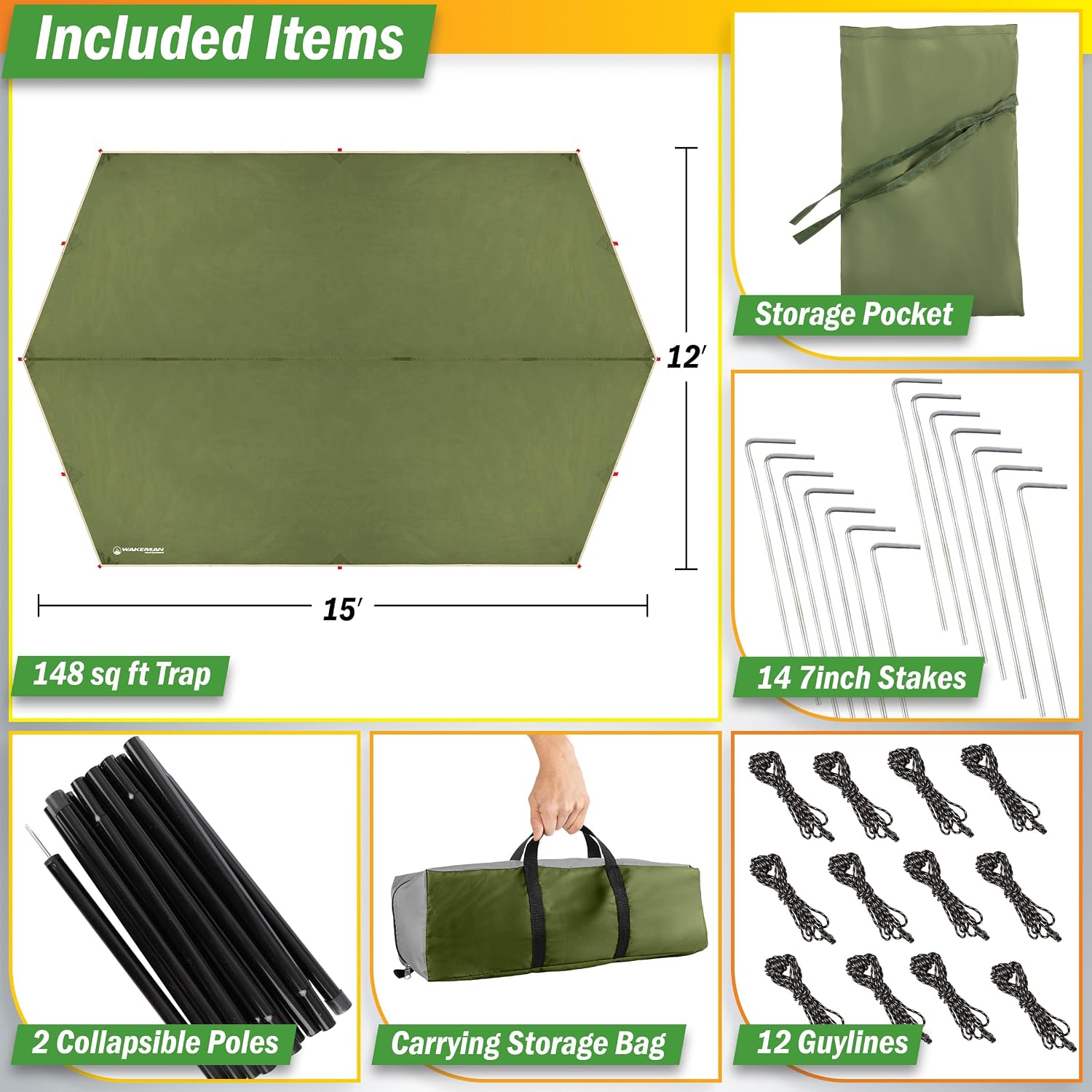 Camping Tarp with Poles - 15x12 Tarp for Camping or Hammock Rain Fly for Hiking, Backpacking or Portable Survival
