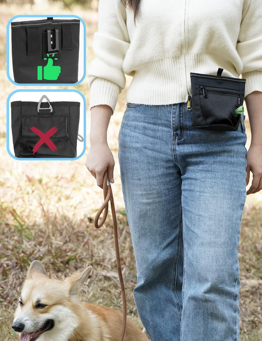 Dog Treat Pouch and Training Clicker, Upgrade Two Magnetic Closure to Prevent Spills, 2 Cup Treat Bag with Poop Bag