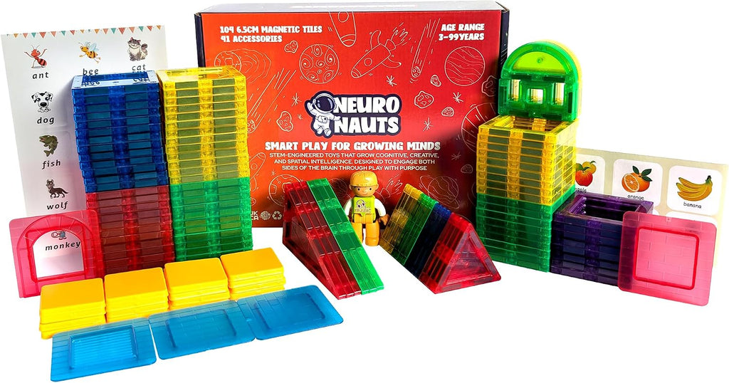 104 Magnetic Tiles Building Blocks Set for Kids + Bonus Connectors & Figurine | STEM Educational Magnetic Building