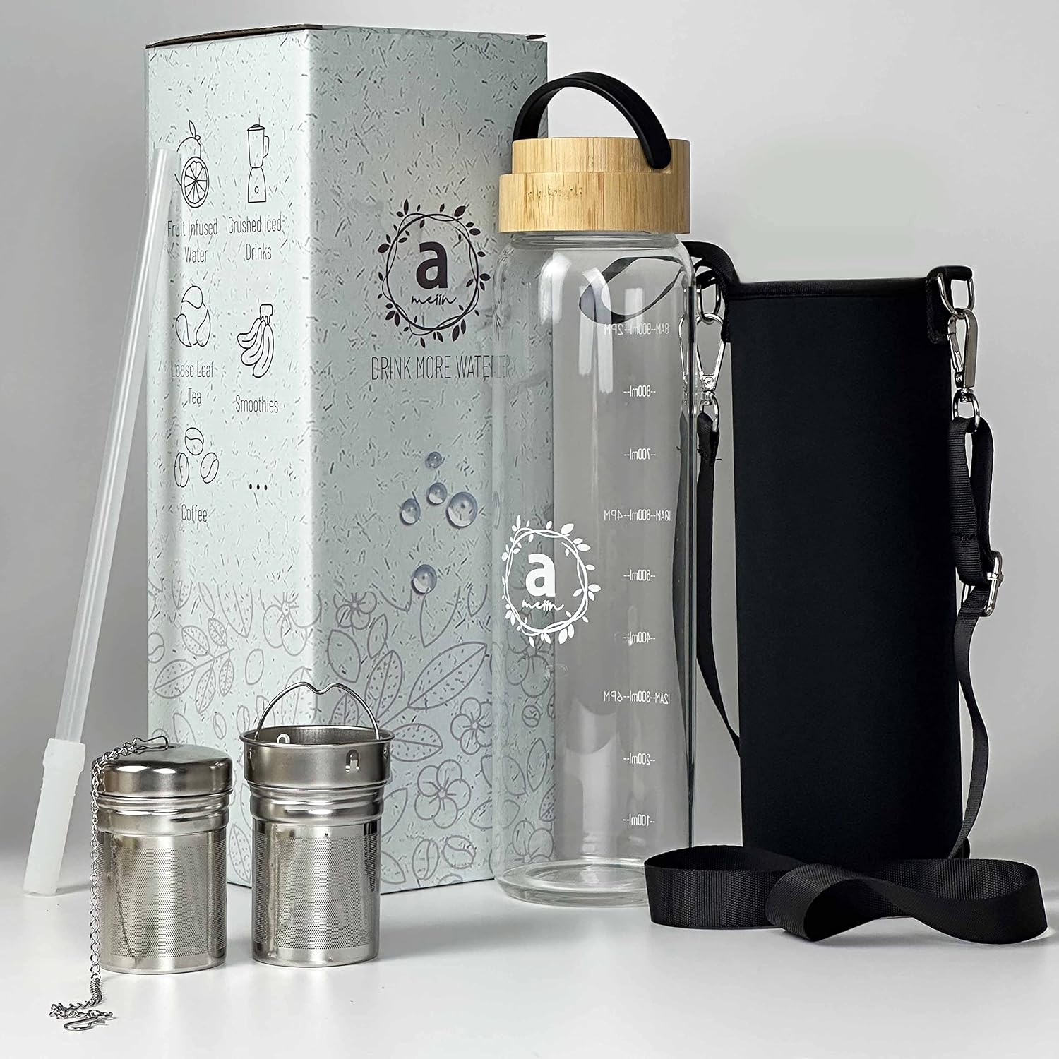 32oz Borosilicate Glass Water Bottle with Bamboo Lid and 2 Tea Infuser Sets for Fruit Infused Water and Cold Brew