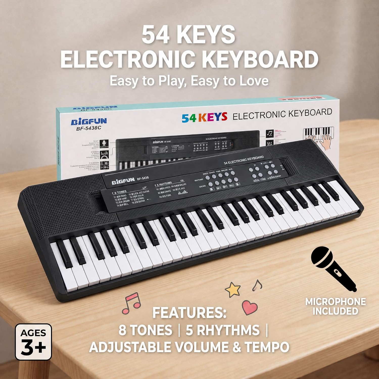 54-Key Kids Keyboard Piano, Electronic Musical Toy for Kids Ages 3+ | Kids Piano with Microphone & USB Cable
