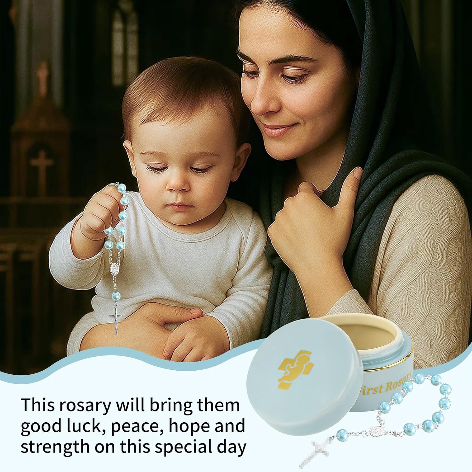 My First Rosary, Baptism Rosary for Boys and Ceramic Keepsake Box