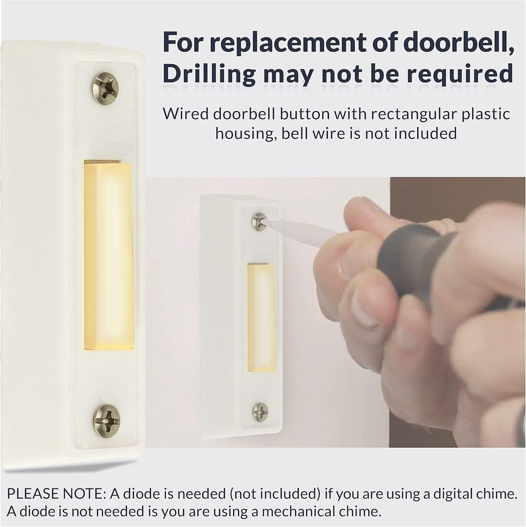 LED Lighted Sturdy Plastic Door Chime Push Button BT3WL White | Classic Rectangular Lighted Door Bell Button |