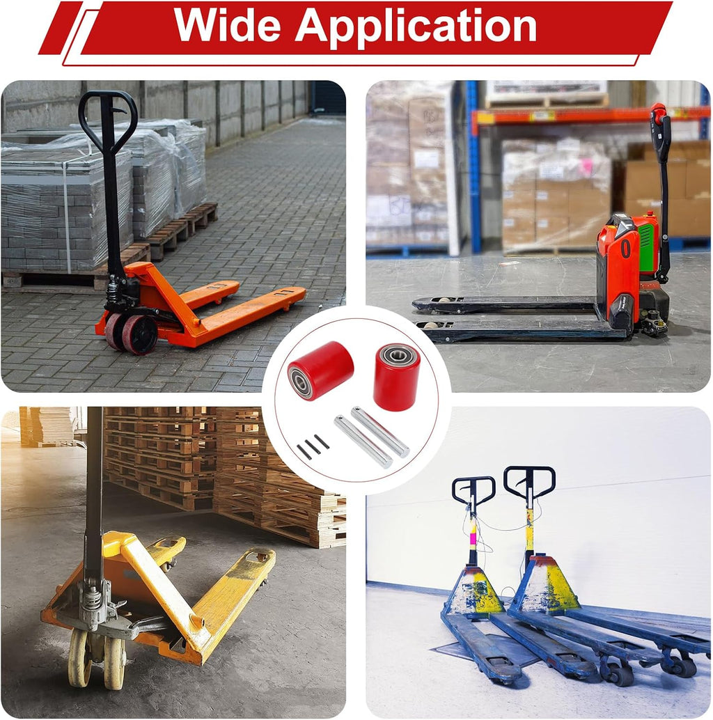 Two Packs of Pallet Jack/Truck Wheels 3” x 3.75” PU Poly Tread, 20mm ID Bearings, Full Set with Axles, Pins and Entry