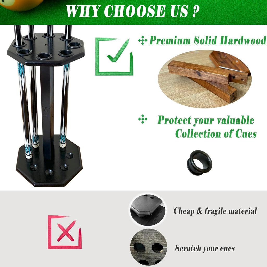 Freestanding Billiard Cue Rack, Pool Table Accessories Hold 8 Cues, Pool Cue Stick Holder, Wooden Floor Stand Pool