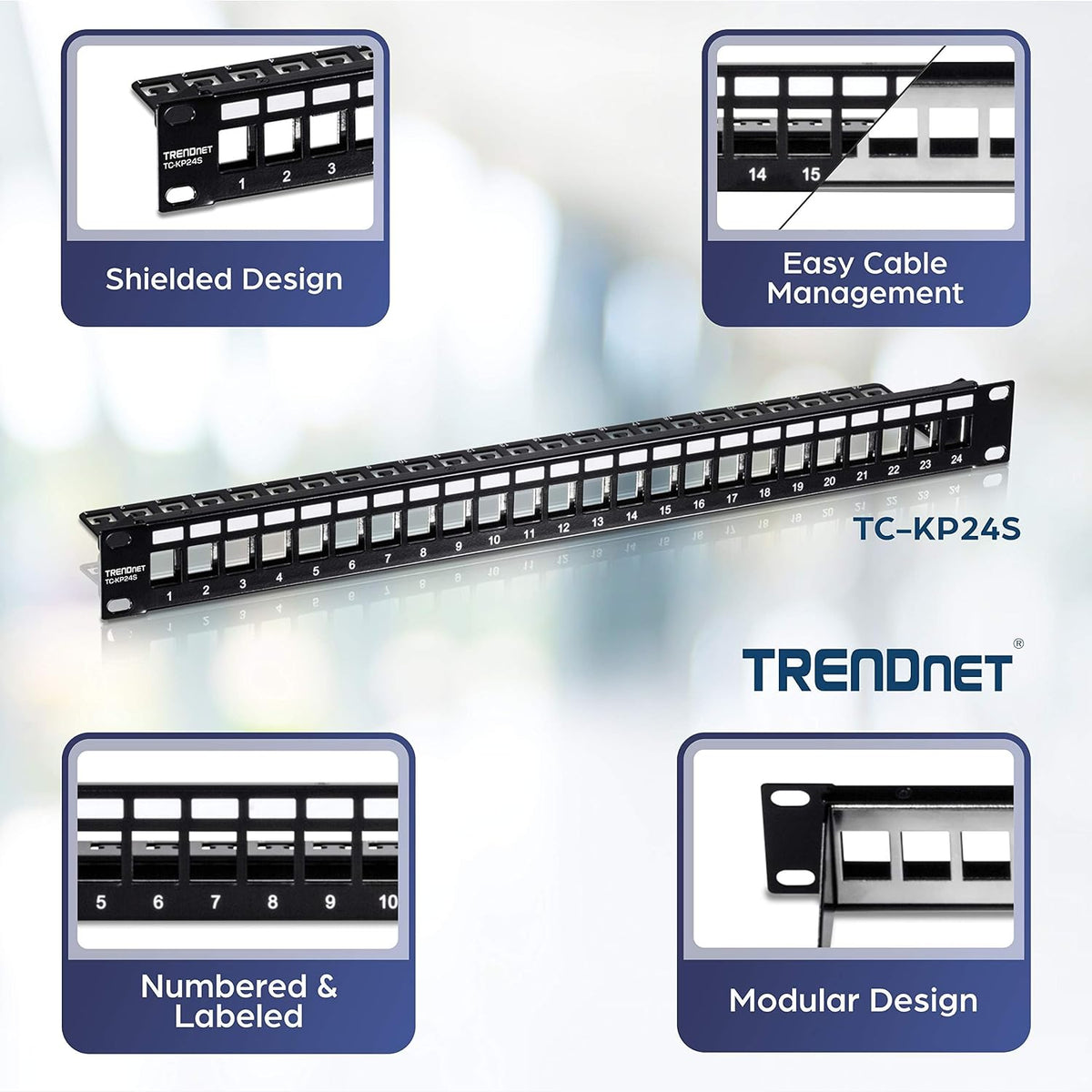 TRENDnet 24-Port Blank Keystone Shielded 1U Patch Panel,TC-KP24S