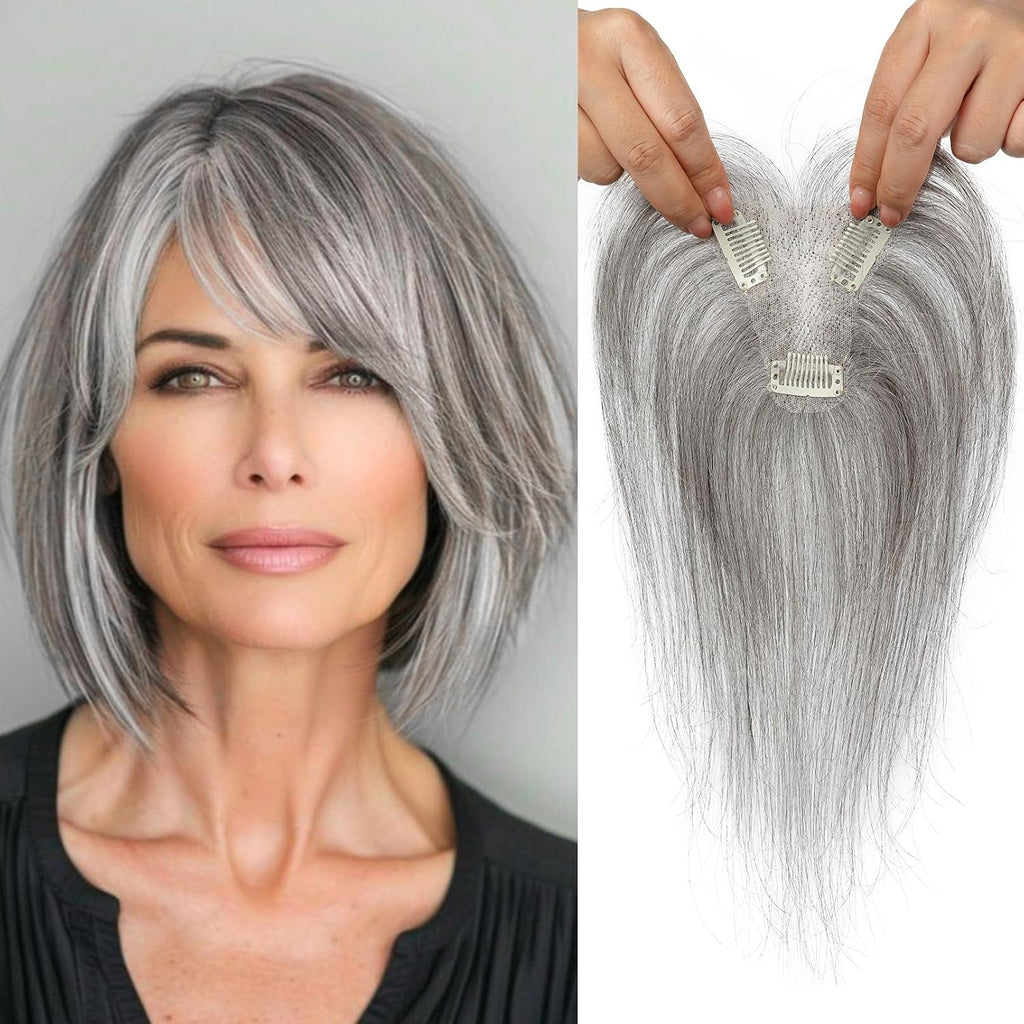 Hair Toppers for Women Real Human Hair, Seamless Human Hair Toppers with Bangs, 360° 3D Cover Clip in Bangs Hair