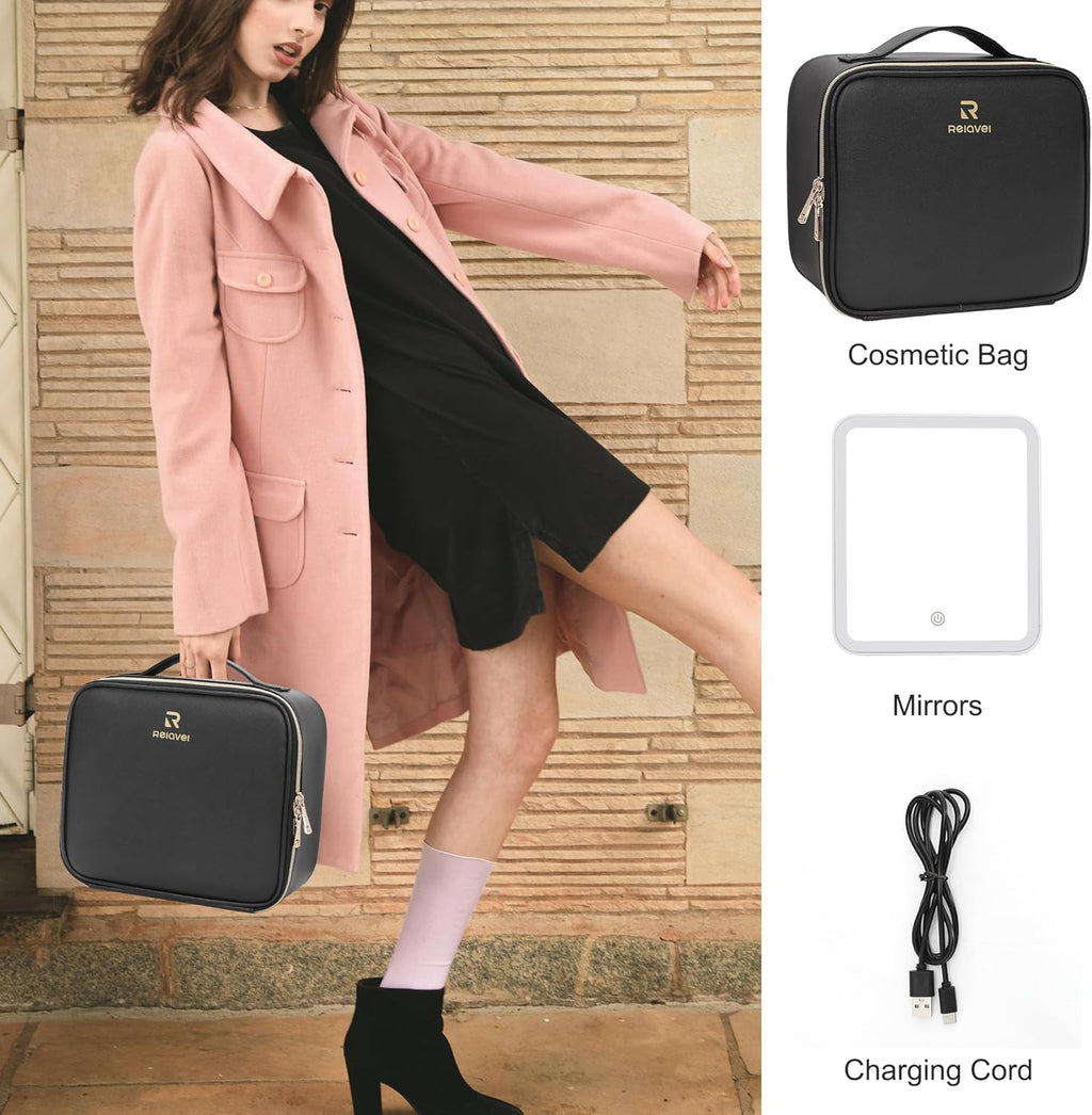 Travel Makeup Bag With LED Mirror, Cosmetic Train Case with Light up Mirror, Portable Makeup Artist Organizer Bag