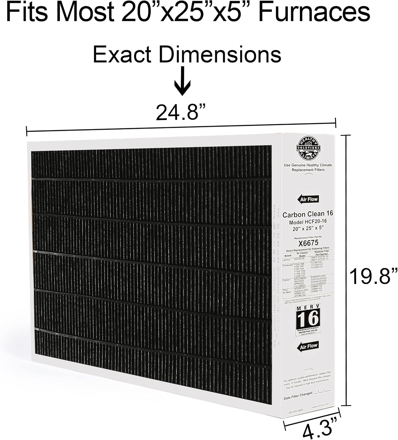 X6675 20x25x5 Air Filter, Lennox Healthy Climate Carbon Clean Merv 16 Home Furnace Filter for HVAC system with