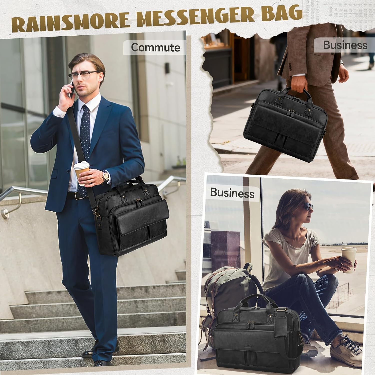 Mens Laptop Bag PU Leather Messenger Bag 15.6 Inch Briefcase Vintage Computer Satchel Bag for Work Business