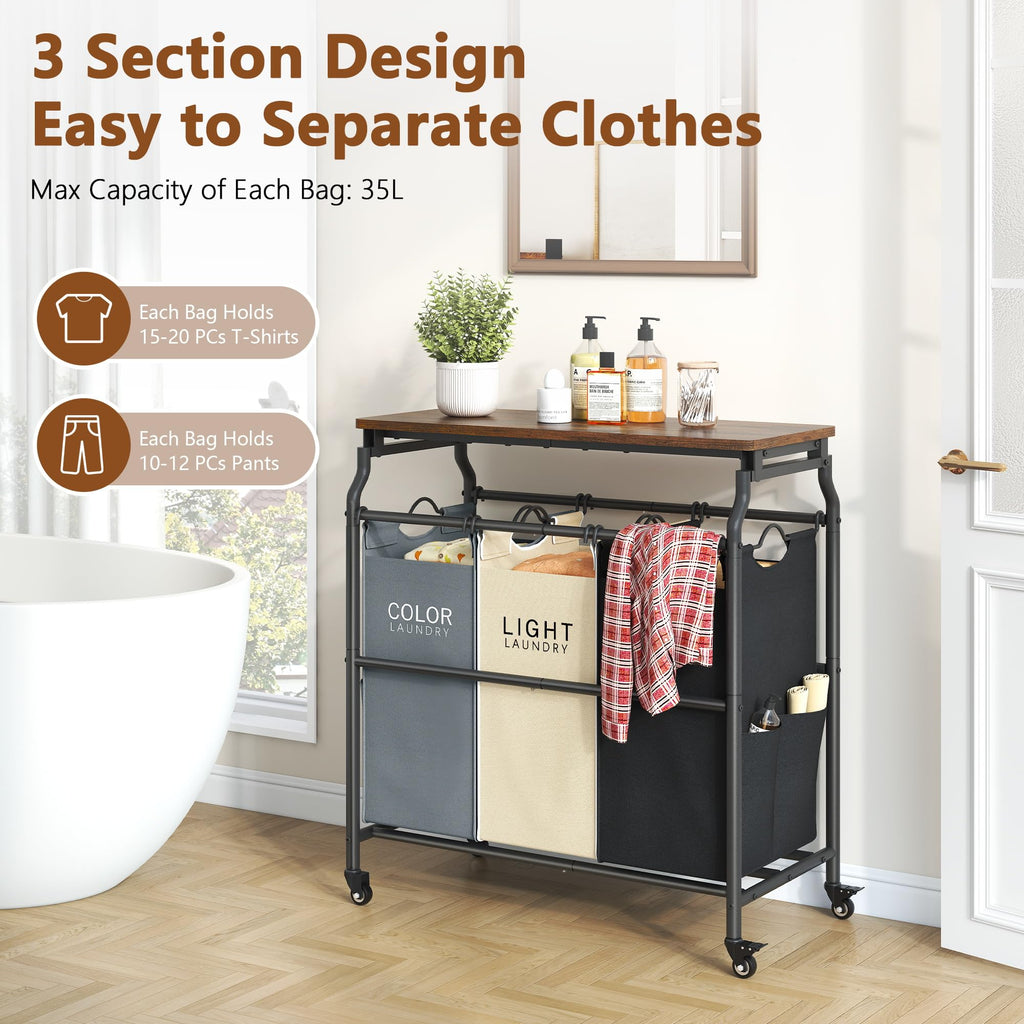 3 Section Laundry Sorter with Ironing Board, Hamper with Wheels