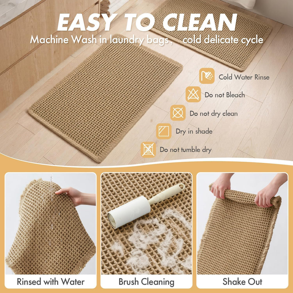 Set of 2 Waffle Bathroom Rugs Boho Bath Mat Brown 18x30 Inch | Non Slip, Super Absorbent, Washable, Ultra Soft