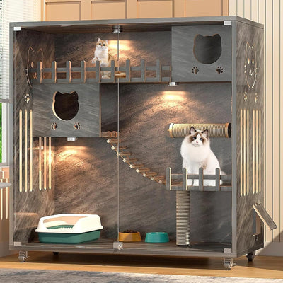 Wooden Cat Cage Indoor, Cat Condo Enclosed Large Space with Wheels, Multi-Feature Enclosed Cat House for Indoor Cats
