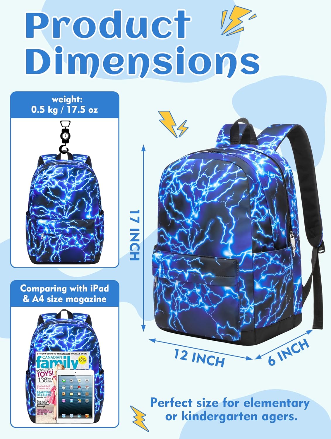 17 Inch School Backpack for Boys Ages 6-8 8-12 with Laptop Sleeve | Lightweight Water Resistant Large Bookbag for