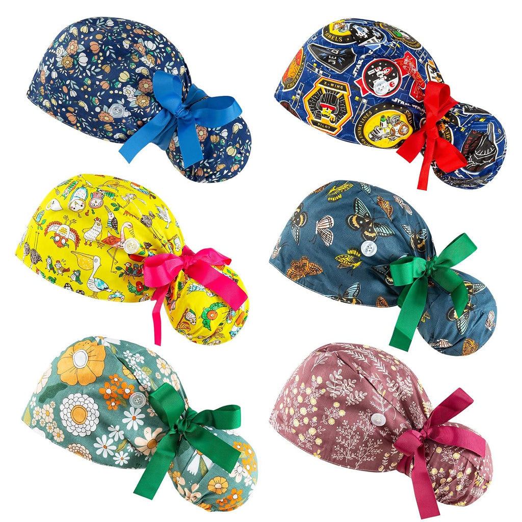 Scrub Caps Women Bouffant Scrub Hats Caps Nurses, Adjustable Working Cap Ponytail Pouch Tie Back Hats