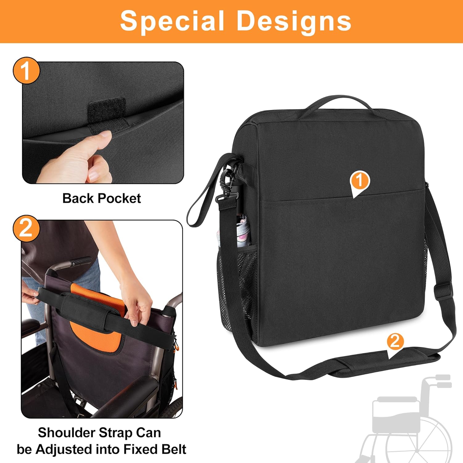 Large Wheelchair Bag to Hang on Back, Wheelchair Accessories Backpack for Adult & Senior, Wheelchair Pouch with