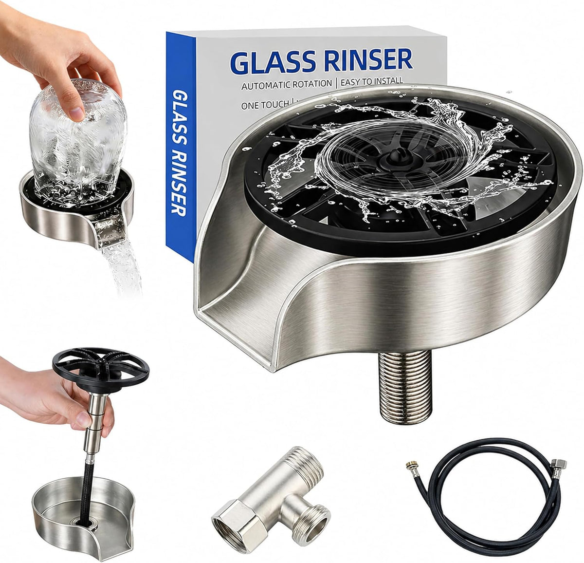 Stainless Steel Glass Rinser with 47" Pull-Out Spray for Kitchen Sink Bar