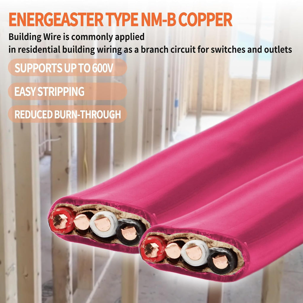 Energeaster Solid Indoor 10/3 NM-B Copper Cable with Ground 25FT, Pink